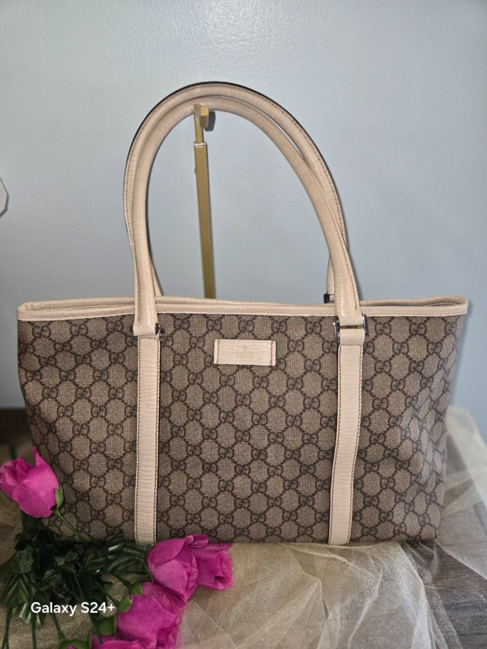 Gucci GG Canvas Tote Bag Beige/Ebony Monogram Leather Trim Shoulder Bag - Picture 10 of 10